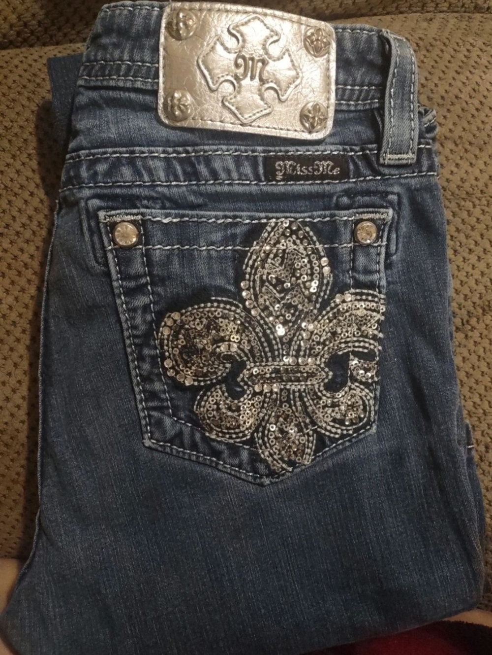 Miss Me Boot Cut Blue GIRLS Jeans S- 16 KE8226B Embellished Sequin Fleur de Lis